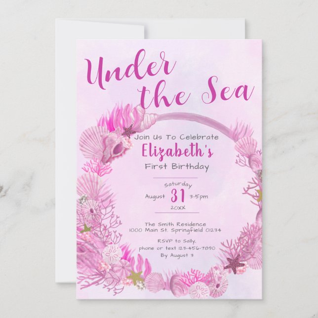 Under Sea Cute Rosa Girl Girl 1:a födelsedagen Par Inbjudningar (Framsida)