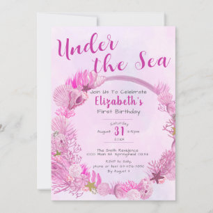 Under Sea Cute Rosa Girl Girl 1:a födelsedagen Par Inbjudningar