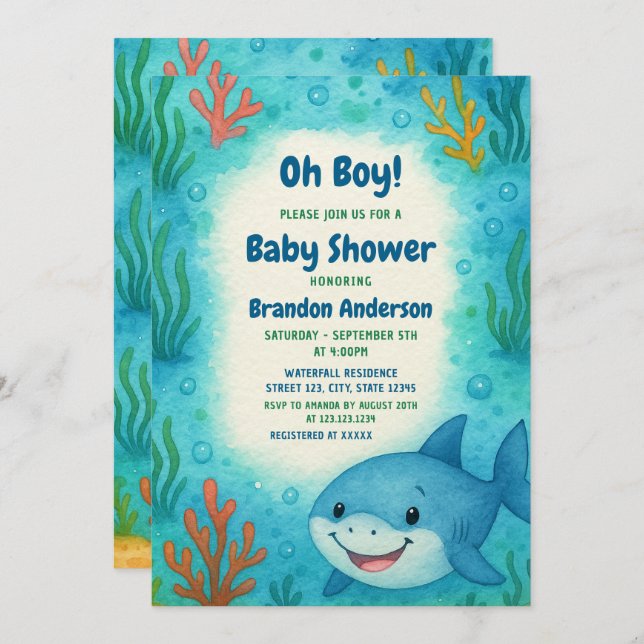 Under Sea Cute Shark Boy Shower Inbjudningar (Fram/baksida)