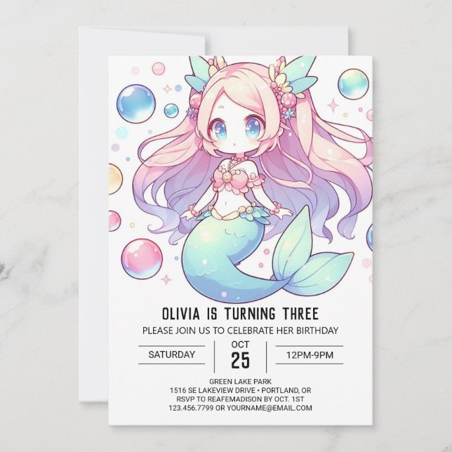 Under Sea Cute Sjöjungfru Birthday Inbjudningar (Framsida)
