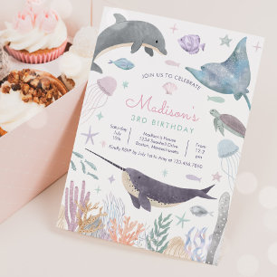 Under Sea Dolphin Narwhal Sea Life Birthday Inbjudningar