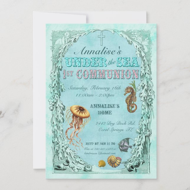 Under Sea First Communion Call - Rosa Inbjudningar (Framsida)
