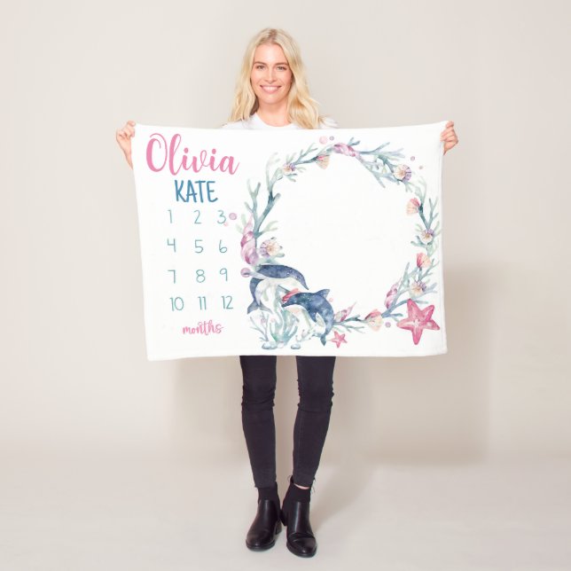 Under Sea Flicka Milestone Blanket, Girl Mo Fleecefilt (På plats)