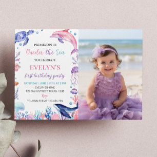Under Sea Girl First Birthday Photo Investigation Inbjudningar