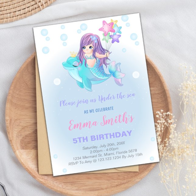 Under Sea Girl Party Inbjudningar (Mermaid Birthday Invitations with dolphin)