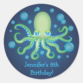 Under Sea Grönt Octopus Birthday Stickers Runt Klistermärke