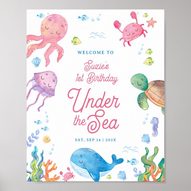 Under Sea Kids 1:a födelsedag Välkomstskylt Poster (Framsidan)