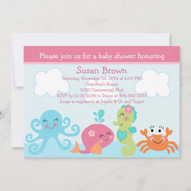 Under Sea Life/Girl Baby Shower-inbjudan Inbjudningar (Framsida)