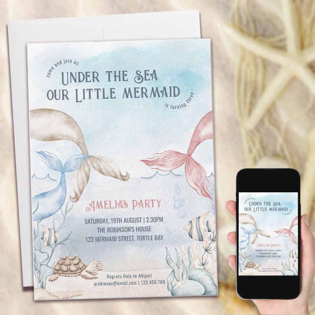 Under Sea Little Sjöjungfru Watercolor Birthday Inbjudningar (Skapare uppladdad)