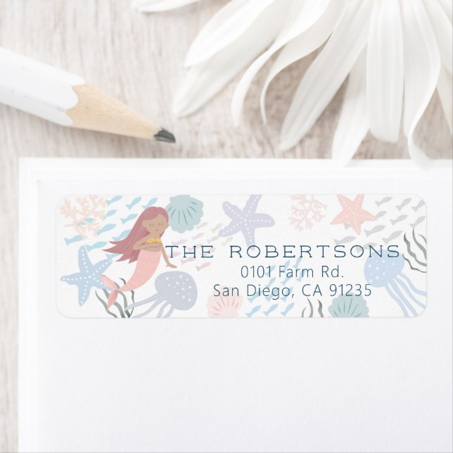 Under Sea Mörk Skin Sjöjungfru Birthday Returadress Etikett (Insitu)