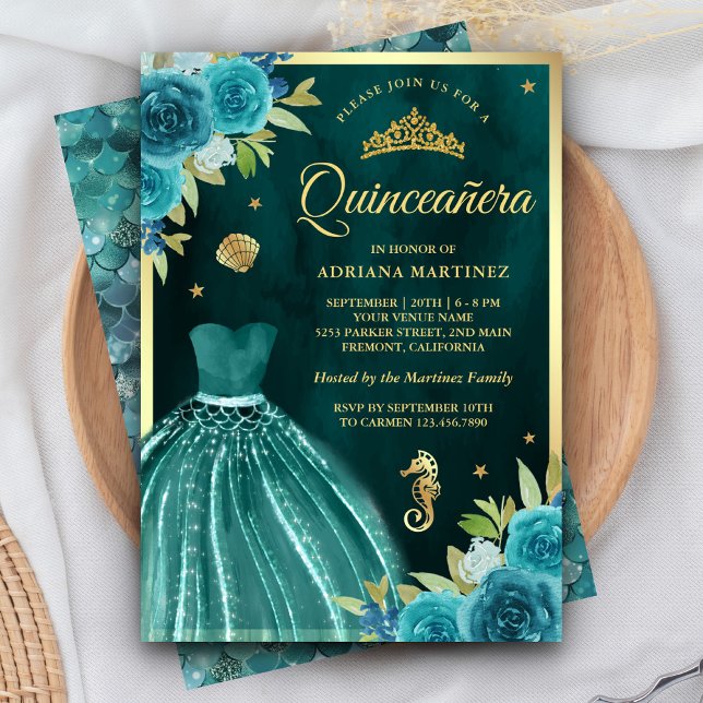 Under Sea Mörk Teal Sjöjungfru Guld Quinceanera Inbjudningar (Skapare uppladdad)