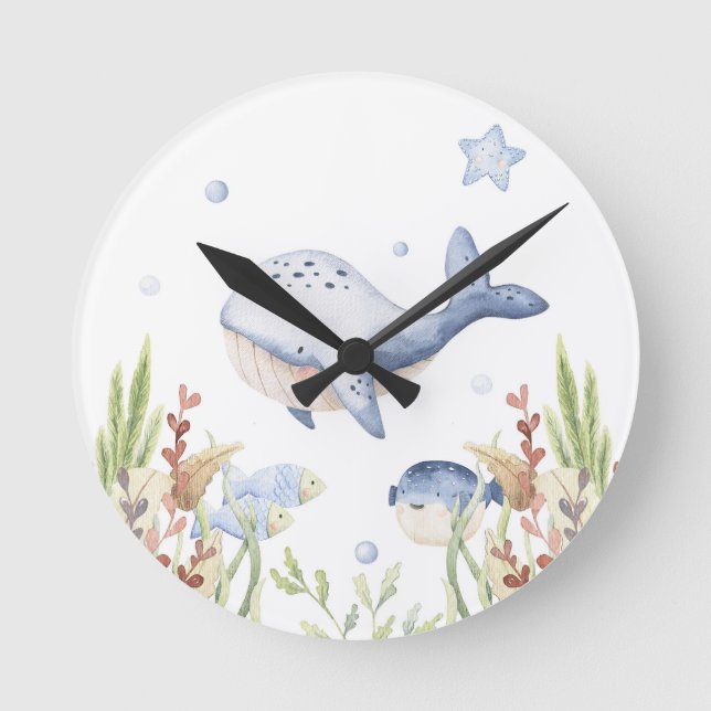 Under Sea Nursery Decor, Whale Rund Klocka (Framsida)