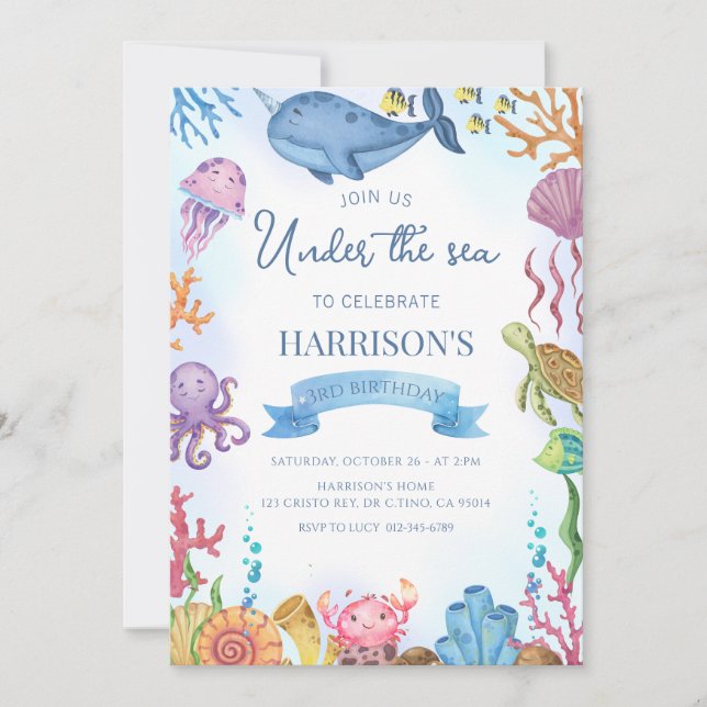 Under Sea Ocean Animals Boy Birthday Inbjudningar (Framsida)