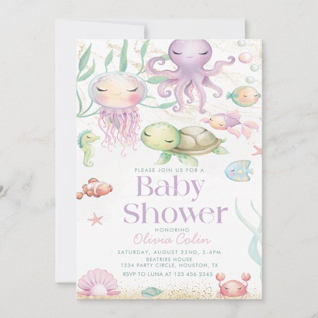 Under Sea Ocean Animals lila Baby dusch Inbjudningar (Framsida)