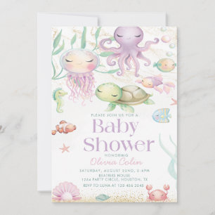 Under Sea Ocean Animals lila Baby dusch Inbjudningar