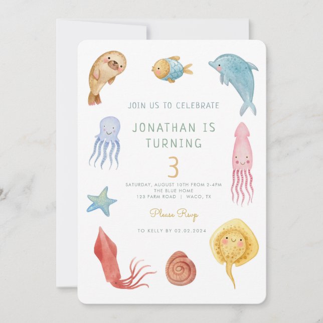 Under Sea Ocean Animals Sea Life Birthday Inbjudningar (Framsida)