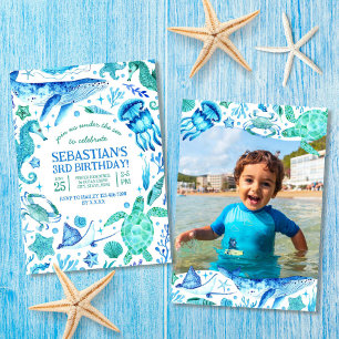 Under Sea Ocean Animals Watercolor Photo Inbjudningar