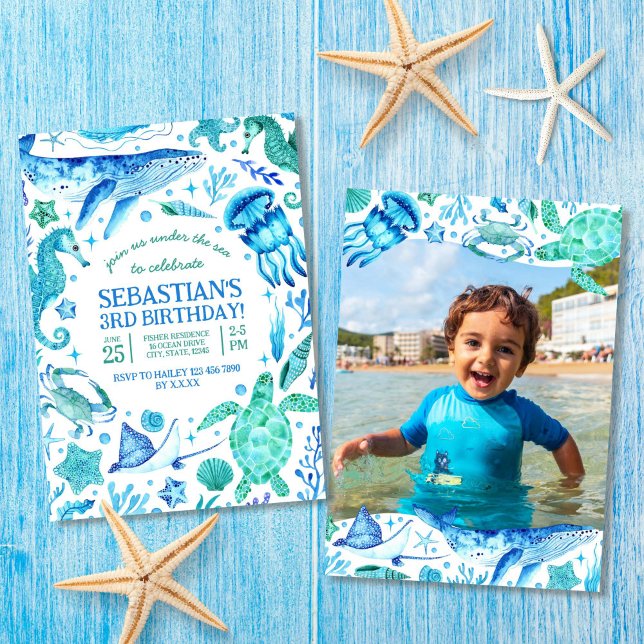 Under Sea Ocean Animals Watercolor Photo Inbjudningar (Under The Sea Ocean Animals Watercolor Photo Invitation)