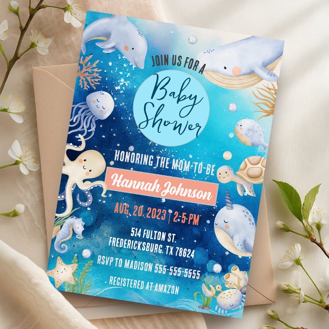 Under Sea Ocean Animals Whale Baby Shower Inbjudningar (Under the Sea Ocean Animals Baby Boy Girl Baby Shower Invitation)