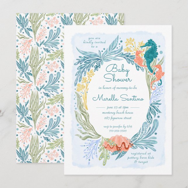 Under Sea Ocean Vågar Seahorse Twillingars Girls Inbjudningar (Fram/baksida)