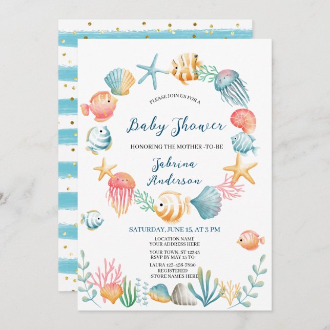 Under Sea Ocean Watercolor Baby Shower Inbjudningar (Fram/baksida)