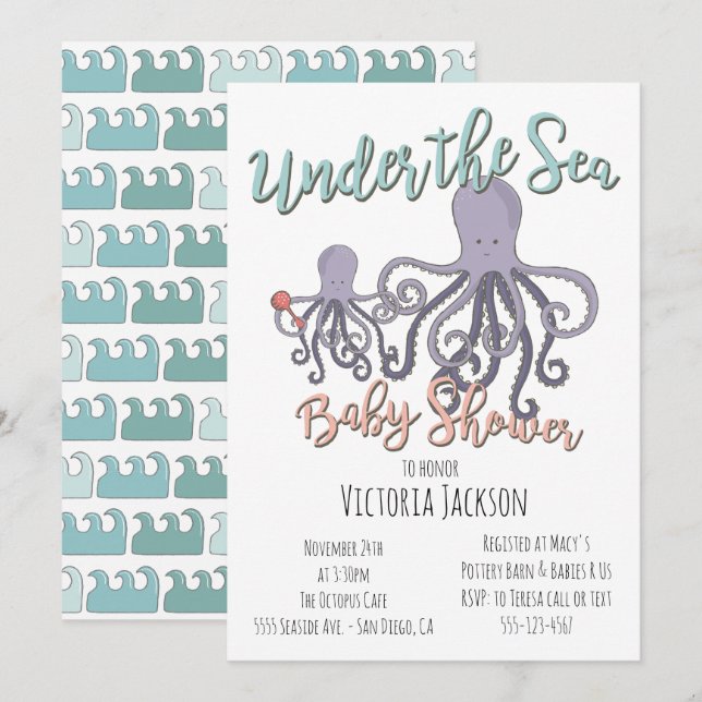 Under Sea Octopus Baby Shower Inbjudningar (Fram/baksida)