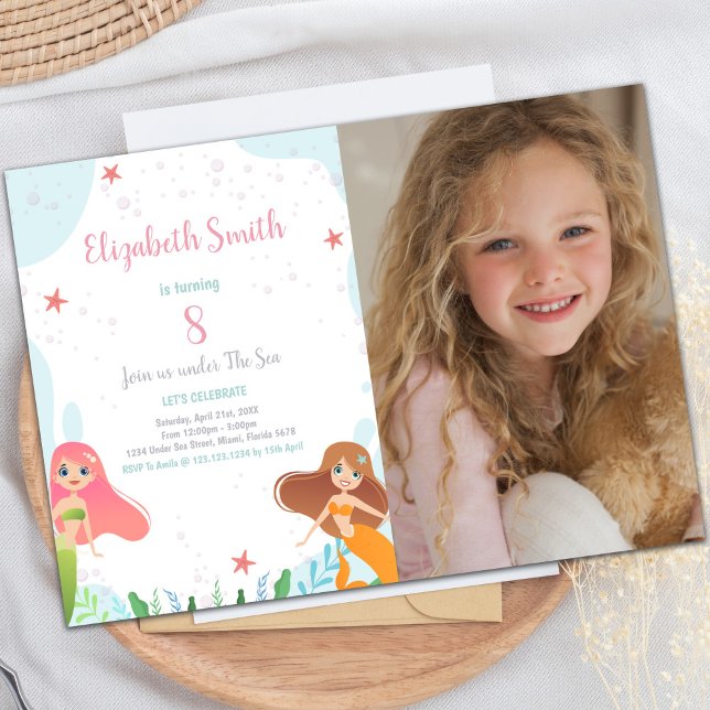 Under Sea Party tema för flickor Inbjudningar (8th Mermaid Birthday Invitations with photo)