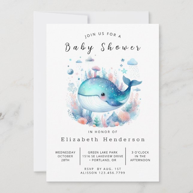 Under Sea Printable Whale Baby Shower Inbjudningar (Framsida)