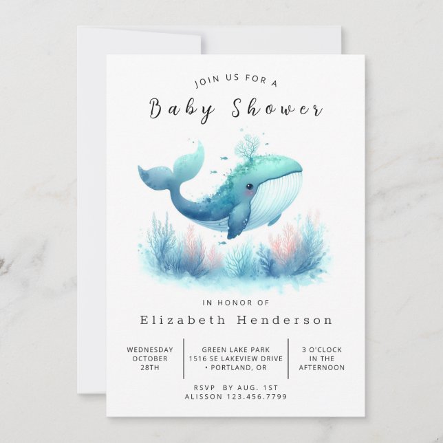 Under Sea Printable Whale Baby Shower Inbjudningar (Framsida)