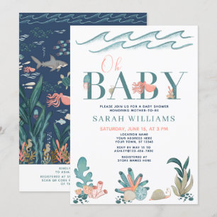 Under Sea QR Code Watercolor Oh Baby Shower Inbjudningar