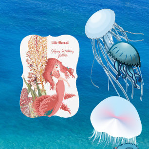 Under Sea Red Sjöjungfru Coral Birthday Hälsning Kort