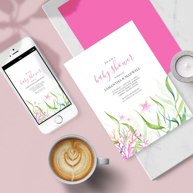 Under Sea Rosa and Grönt Baby Shower Inbjudningar (Baby Shower Invitation Under The Sea Pink and Green )