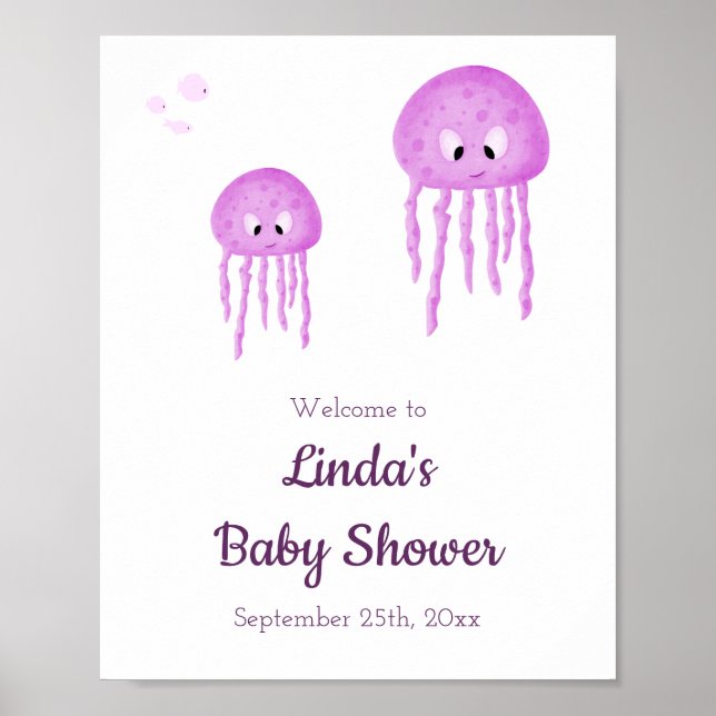Under Sea Rosa Jellyfish Baby Shower Välkommen Poster (Framsidan)