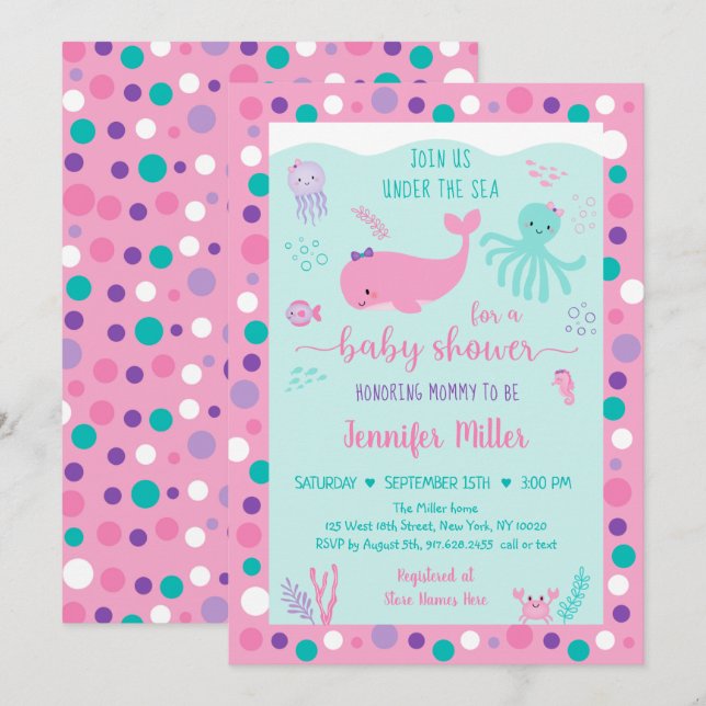 Under Sea Rosa Lila Nautical Baby Shower Inbjudningar (Fram/baksida)