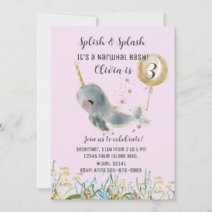 Under Sea Rosa Narwhal Birthday-inbjudan Inbjudningar