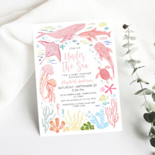 Under Sea Rosa Sea Aniamls Baby Shower Inbjudningar