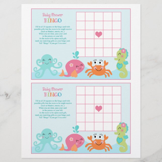 Under Sea/Rosa Whale "Baby Shower Bingo" lakan (Framsida)
