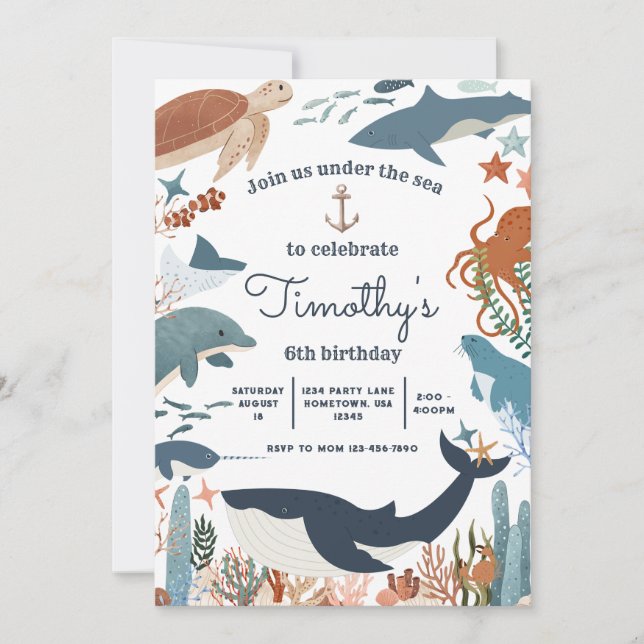 Under Sea Shark Whale Turtle Narwhal Birthday Inbjudningar (Framsida)