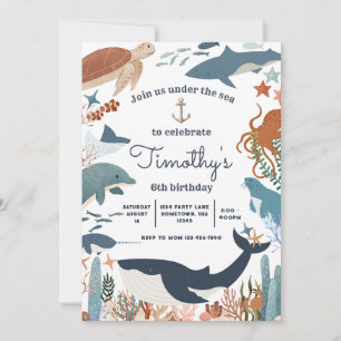 Under Sea Shark Whale Turtle Narwhal Birthday Inbjudningar