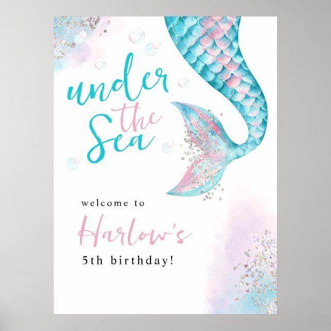 Under Sea Sjöjungfru Birthday Välkomstskylt Poster (Framsidan)