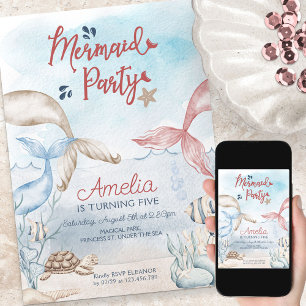 Under Sea Sjöjungfru Party Watercolor Birthday Inbjudningar