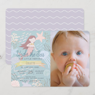 Under Sea Sjöjungfru Sea Grönt Foto 1:a födelsedag Inbjudningar