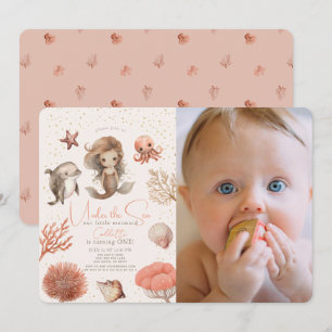 Under Sea Sjöjungfru Sea Rosa 1:a födelsedag Foto Inbjudningar