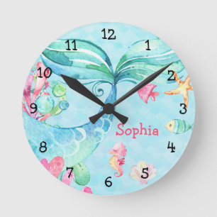 Under Sea Sjöjungfru Teal Rosa Girl Nursery Rund Klocka