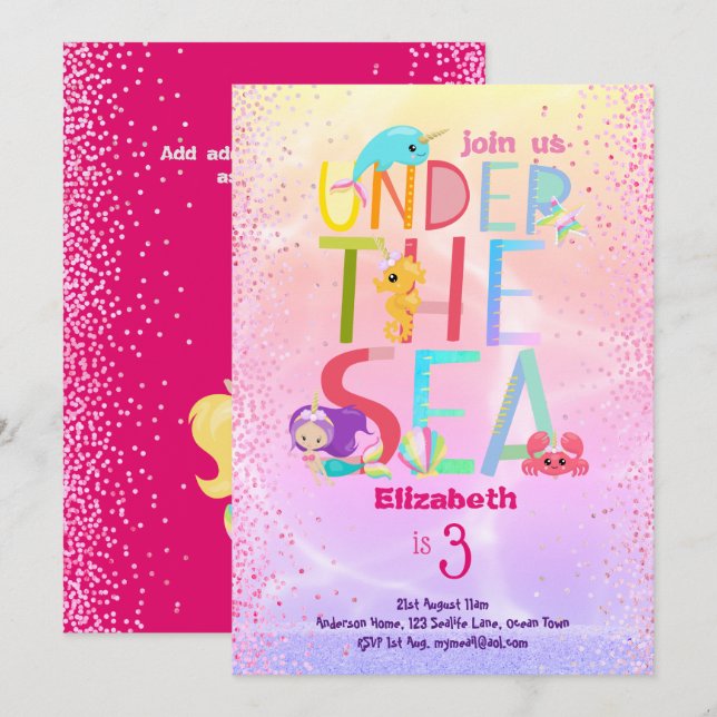 Under Sea Sjöjungfru Unicorn Rosa Glitter Girls Inbjudningar (Fram/baksida)