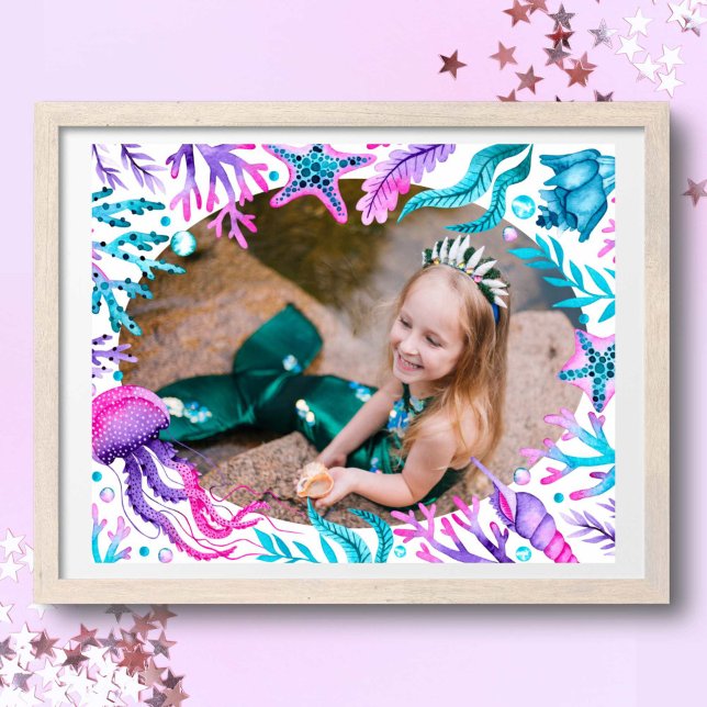 Under Sea Sjöjungfru Watercolor Ram Photo Poster (Under the Sea Mermaid Watercolor Frame Photo Poster)
