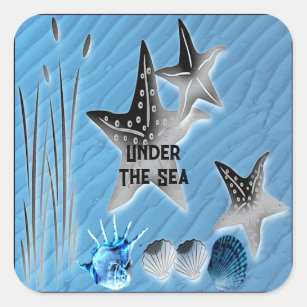 Under Sea Starfish Snäcka Sjögräs Blue Vatten Fyrkantigt Klistermärke
