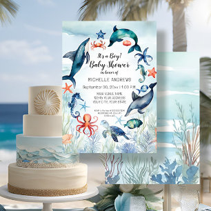 Under Sea Turtle Dolphin Blue Boy Shower Inbjudningar