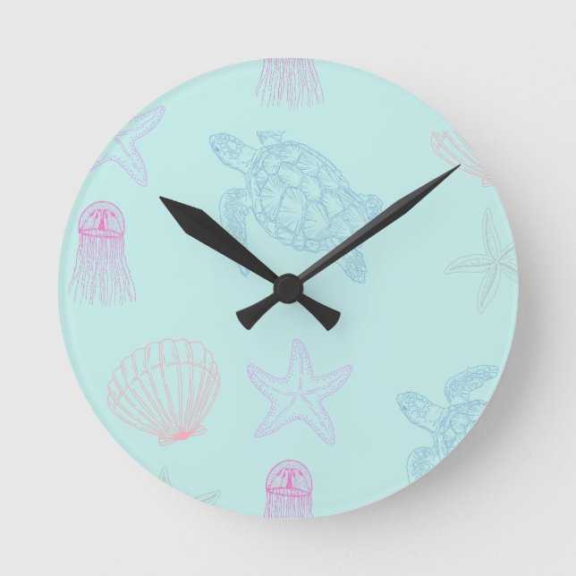 Under Sea - Turtle - Jellyfish - Snäcka Clock Rund Klocka (Framsida)