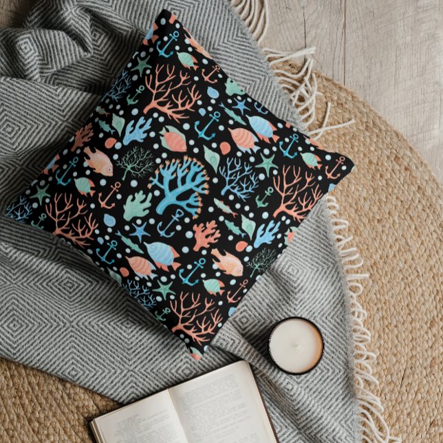 Under Sea Watercolor Mönster Mörk Kudde (Skapare uppladdad)